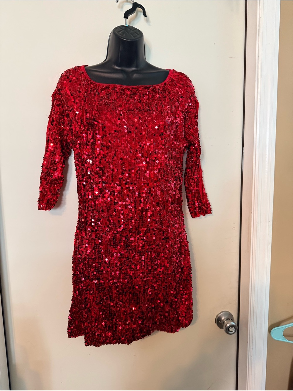 Weissman red sequin dress with three-quarter sleeves and a boat neckline. Sz XL
